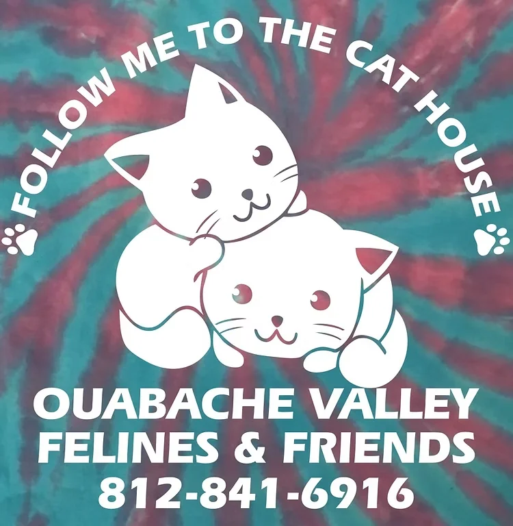 Old OVFF logo: two cartoon cats on a tie-dye background with the phone number